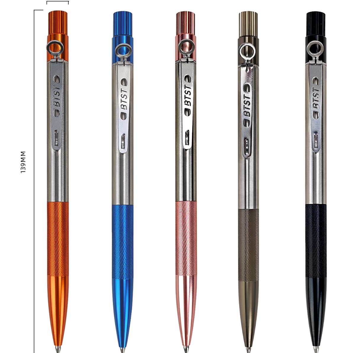 Five all-metal pens side by side, BTST-engraved clips