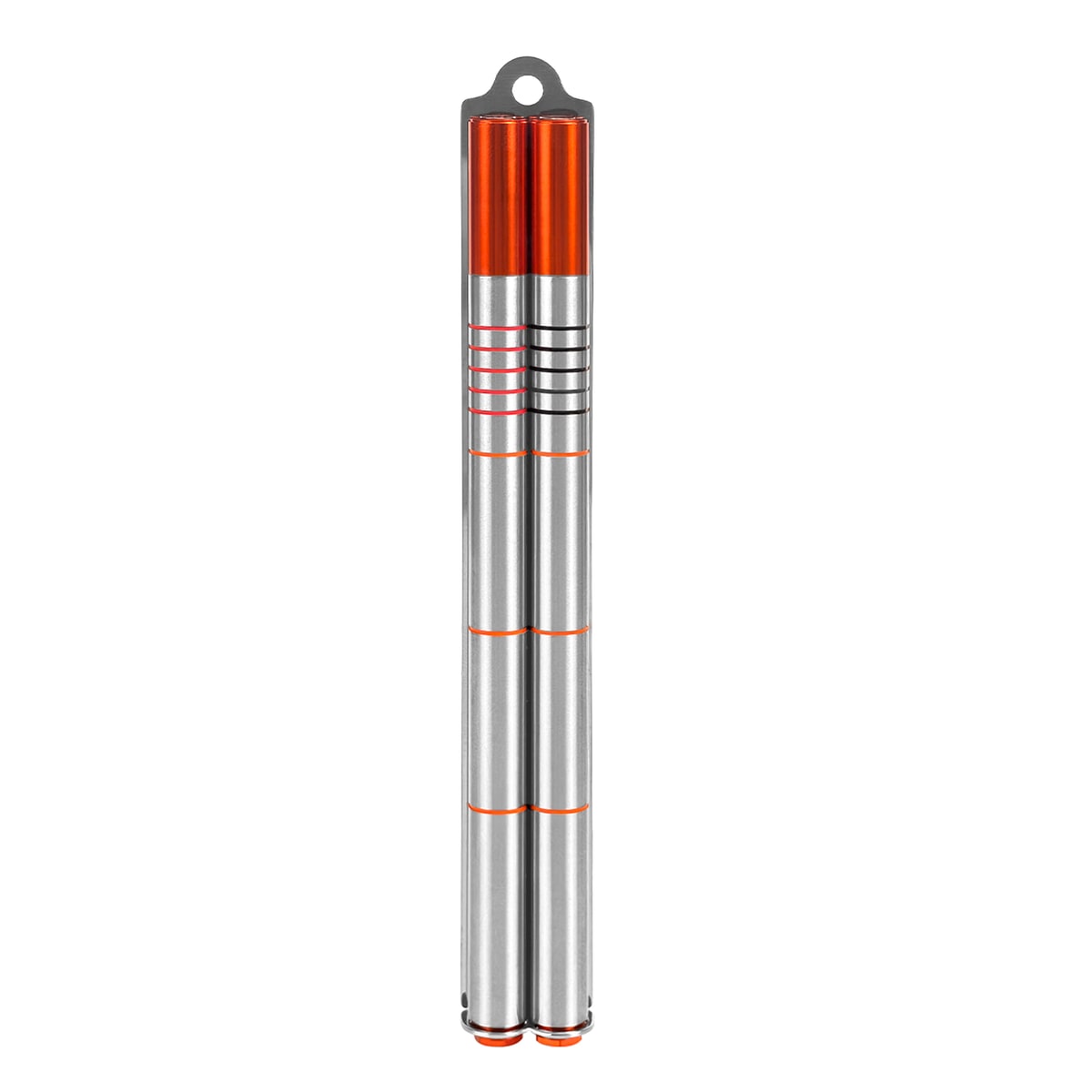 Two silver and orange metal pens snapped side by side with different coloured tail rings