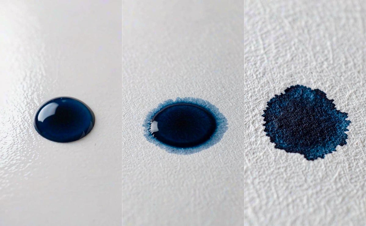 The same ink droplet on three different paper surfaces