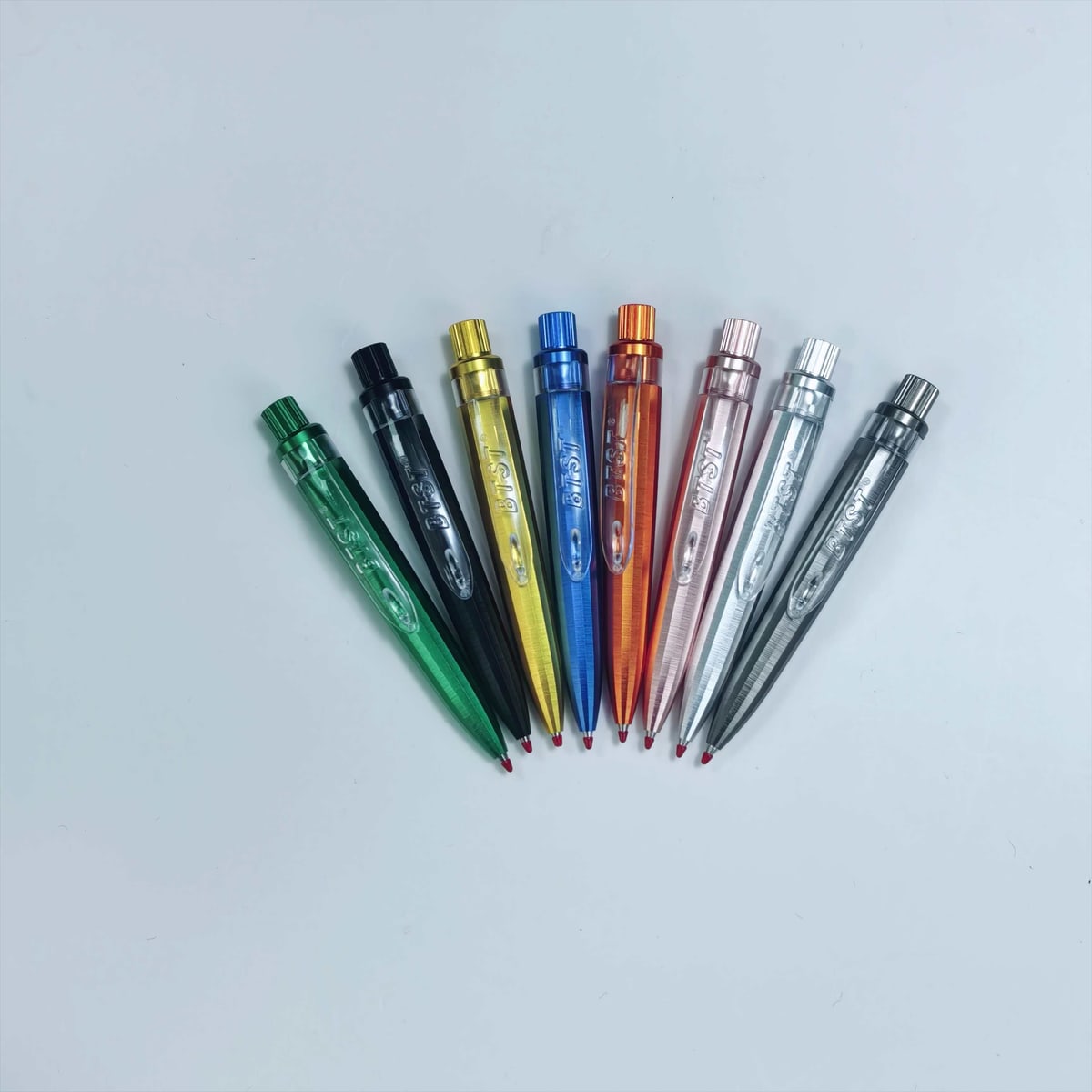 The full eight-colour range: from Pine Green to Moonlight Silver