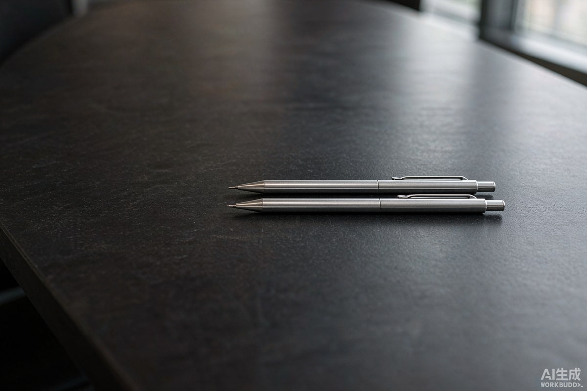 Two completely identical metal pens lying side by side on a meeting table