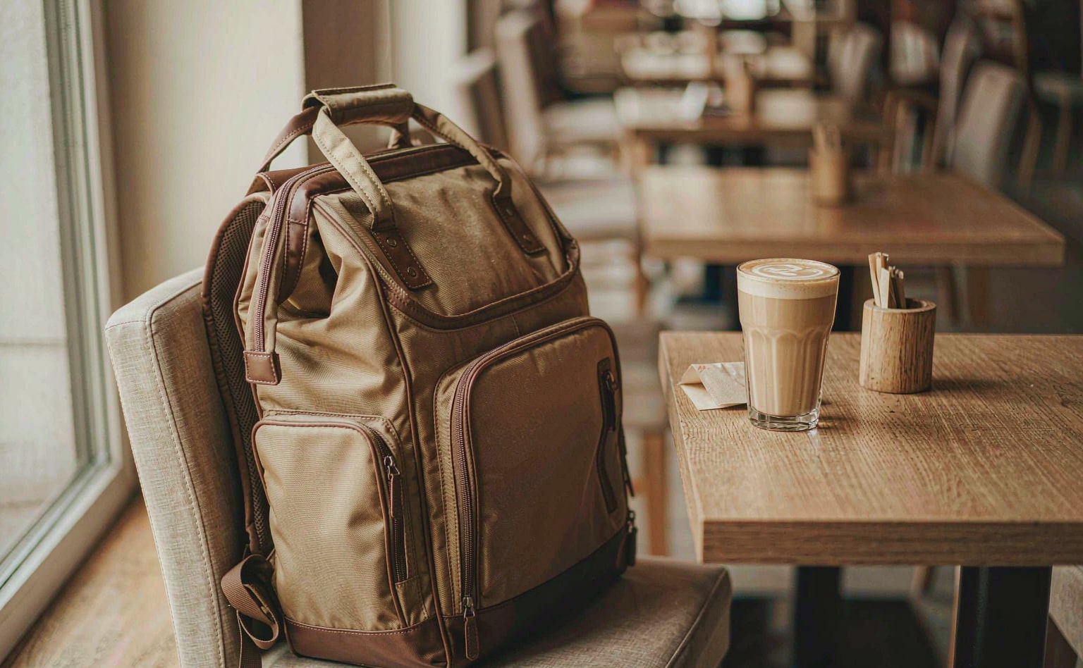 Backpack side pocket and everyday carry items at a cafe