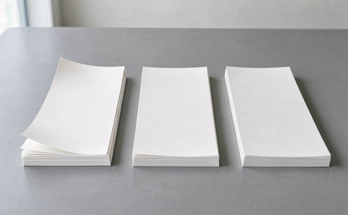 Three stacks of blank note paper side by side on a grey desk, one with a lifted corner